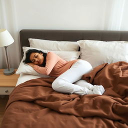 A candid photograph of a woman sleeping peacefully on a bed in a cozy, minimalist bedroom setting