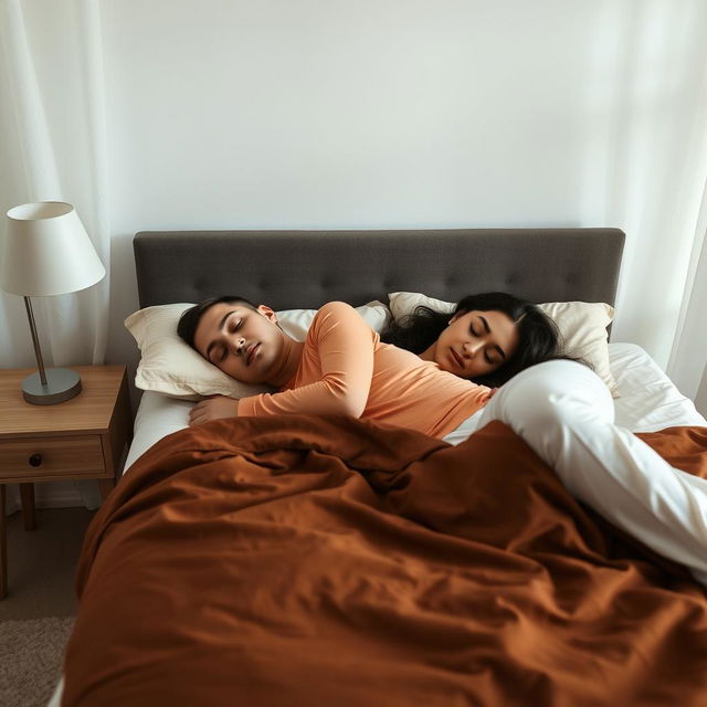 A candid photograph of a woman sleeping peacefully on a bed in a cozy, minimalist bedroom setting