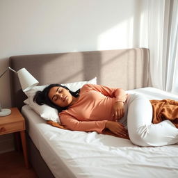 A candid photograph of a woman sleeping peacefully on a bed in a cozy, minimalist bedroom setting