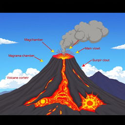An animated illustration that clearly identifies and explains the components of a volcano, including the magma chamber, volcanic conduit, summit crater, main vent, lava flow, ash cloud, and the surrounding terrain