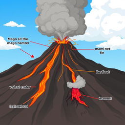 An animated illustration that clearly identifies and explains the components of a volcano, including the magma chamber, volcanic conduit, summit crater, main vent, lava flow, ash cloud, and the surrounding terrain