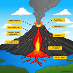 An animated illustration that clearly identifies and explains the components of a volcano, including the magma chamber, volcanic conduit, summit crater, main vent, lava flow, ash cloud, and the surrounding terrain