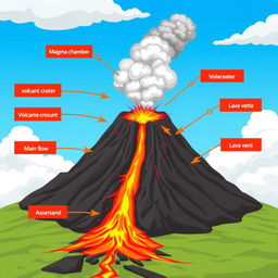 An animated illustration that clearly identifies and explains the components of a volcano, including the magma chamber, volcanic conduit, summit crater, main vent, lava flow, ash cloud, and the surrounding terrain