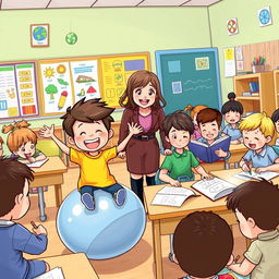A vibrant and colorful illustration of a classroom filled with children engaged in various activities