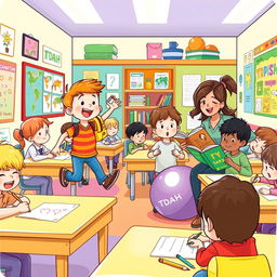 A vibrant and colorful illustration of a classroom filled with children engaged in various activities
