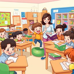 A vibrant and colorful illustration of a classroom filled with children engaged in various activities