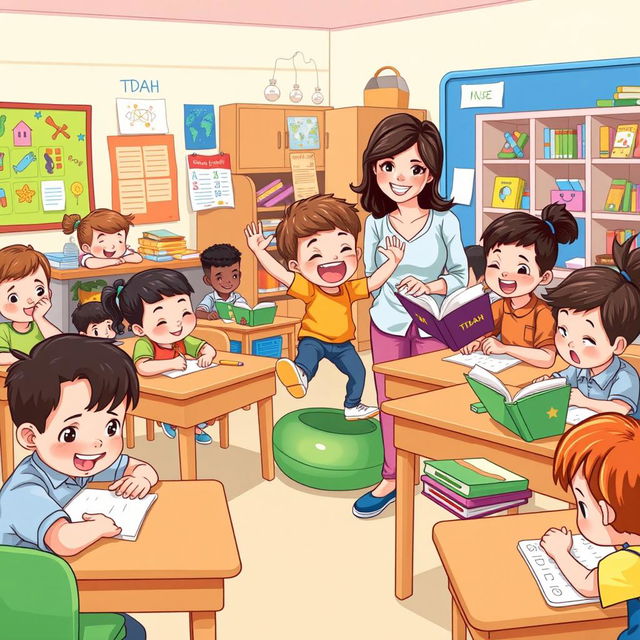 A vibrant and colorful illustration of a classroom filled with children engaged in various activities