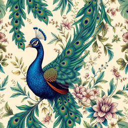 A stunningly detailed peacock wallpaper design featuring a vibrant display of peacock feathers in a rich array of colors including emerald green, deep blues, and hints of gold