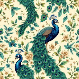 A stunningly detailed peacock wallpaper design featuring a vibrant display of peacock feathers in a rich array of colors including emerald green, deep blues, and hints of gold