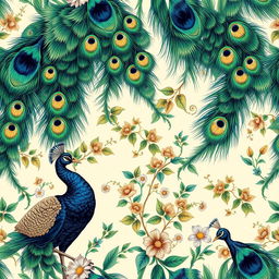 A stunningly detailed peacock wallpaper design featuring a vibrant display of peacock feathers in a rich array of colors including emerald green, deep blues, and hints of gold