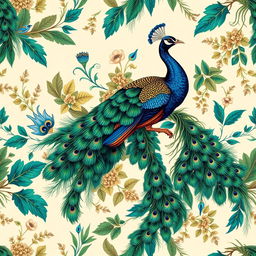 A stunningly detailed peacock wallpaper design featuring a vibrant display of peacock feathers in a rich array of colors including emerald green, deep blues, and hints of gold