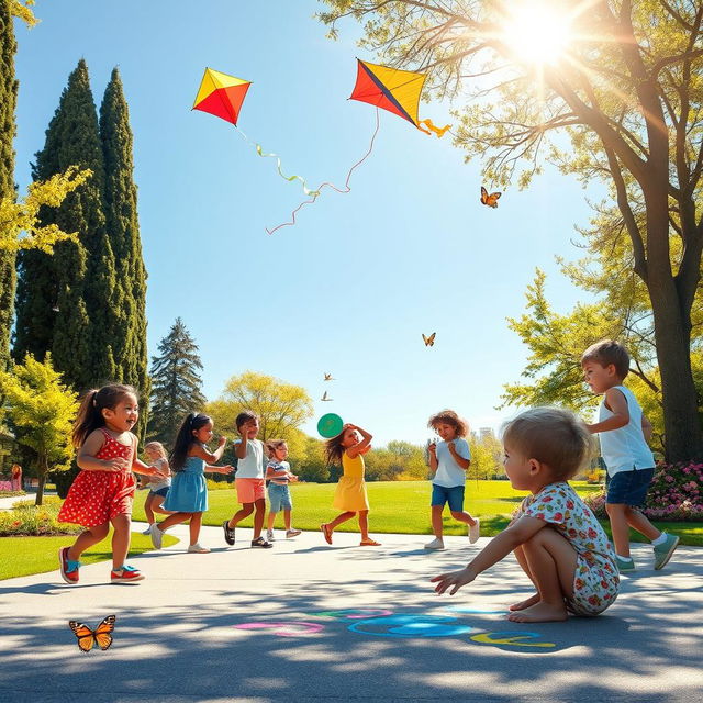 A warm and lively scene of children joyfully playing in a sunlit park