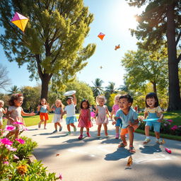 A warm and lively scene of children joyfully playing in a sunlit park