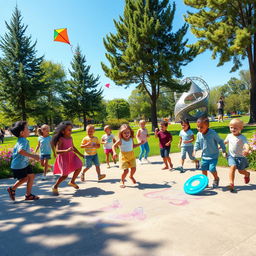 A warm and lively scene of children joyfully playing in a sunlit park