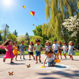 A warm and lively scene of children joyfully playing in a sunlit park