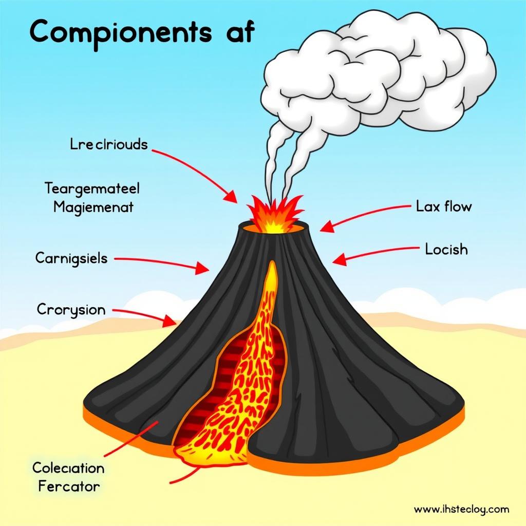 An animated diagram illustrating the components of a volcano, featuring clearly labeled elements such as the magma chamber, volcanic conduit, crater, vent, lava flow, and ash cloud