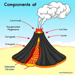 An animated diagram illustrating the components of a volcano, featuring clearly labeled elements such as the magma chamber, volcanic conduit, crater, vent, lava flow, and ash cloud