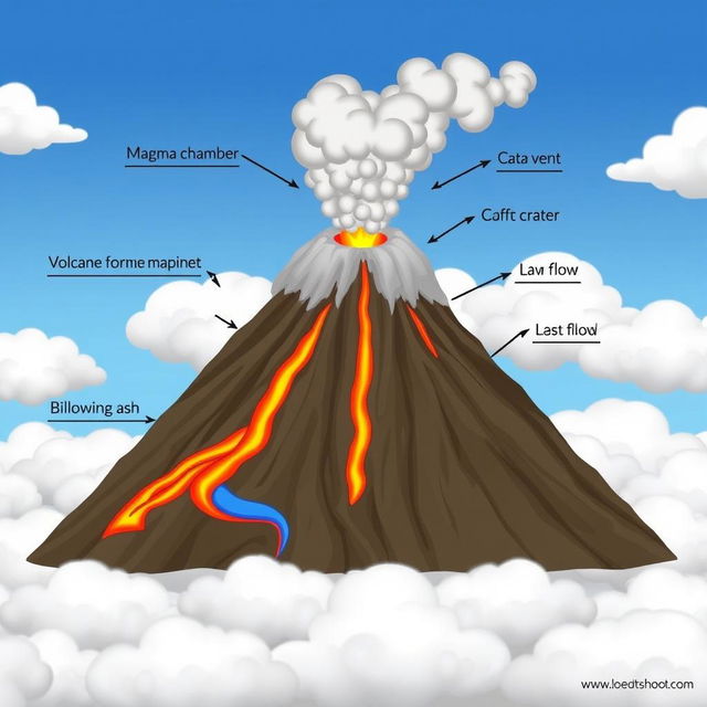 An animated diagram illustrating the components of a volcano, featuring clearly labeled elements such as the magma chamber, volcanic conduit, crater, vent, lava flow, and ash cloud