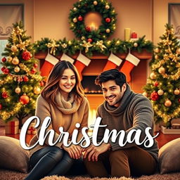 A cozy e-book cover for Christmas featuring a couple sitting in front of a warm fireplace