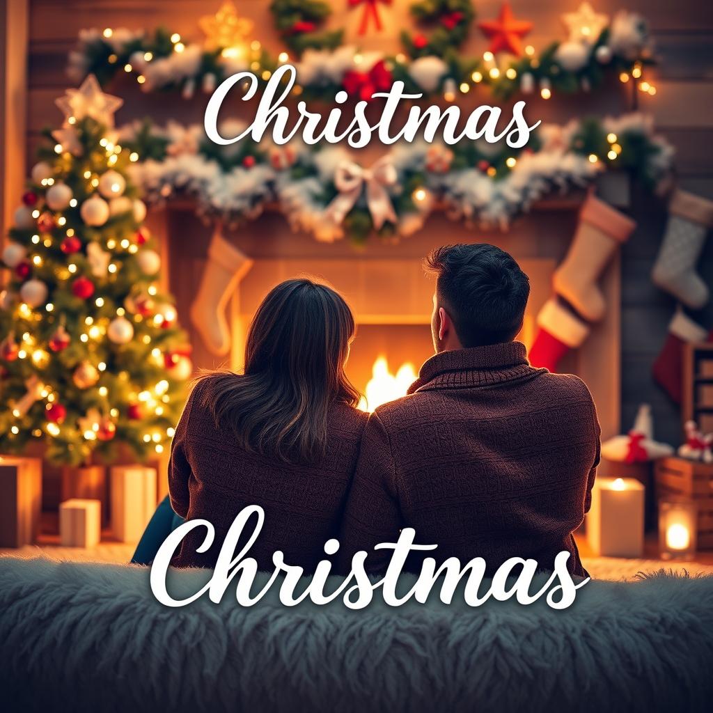 A cozy e-book cover for Christmas featuring a couple sitting in front of a warm fireplace