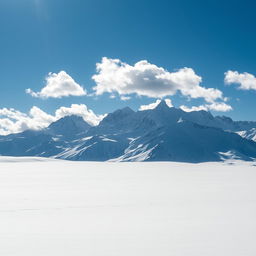 A breathtaking view of snow-capped mountains towering majestically in front, with fluffy clouds drifting lazily across a clear blue sky