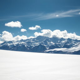 A breathtaking view of snow-capped mountains towering majestically in front, with fluffy clouds drifting lazily across a clear blue sky