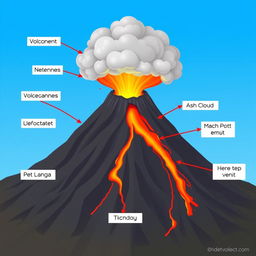 An animated diagram depicting the components of a volcano, featuring elements such as the magma chamber, volcanic conduit, crater, main vent, lava flow, ash cloud, and surrounding landscape