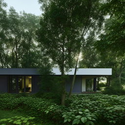 A modern house with clean lines, large windows, and minimalist aesthetic situated in a lush green landscape