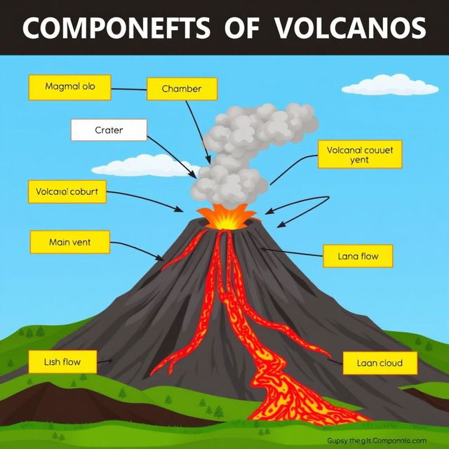 An animated diagram depicting the components of a volcano, featuring elements such as the magma chamber, volcanic conduit, crater, main vent, lava flow, ash cloud, and surrounding landscape