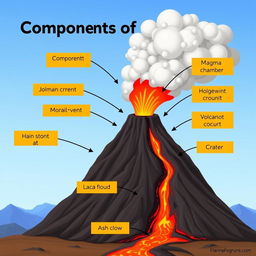 An animated diagram depicting the components of a volcano, featuring elements such as the magma chamber, volcanic conduit, crater, main vent, lava flow, ash cloud, and surrounding landscape