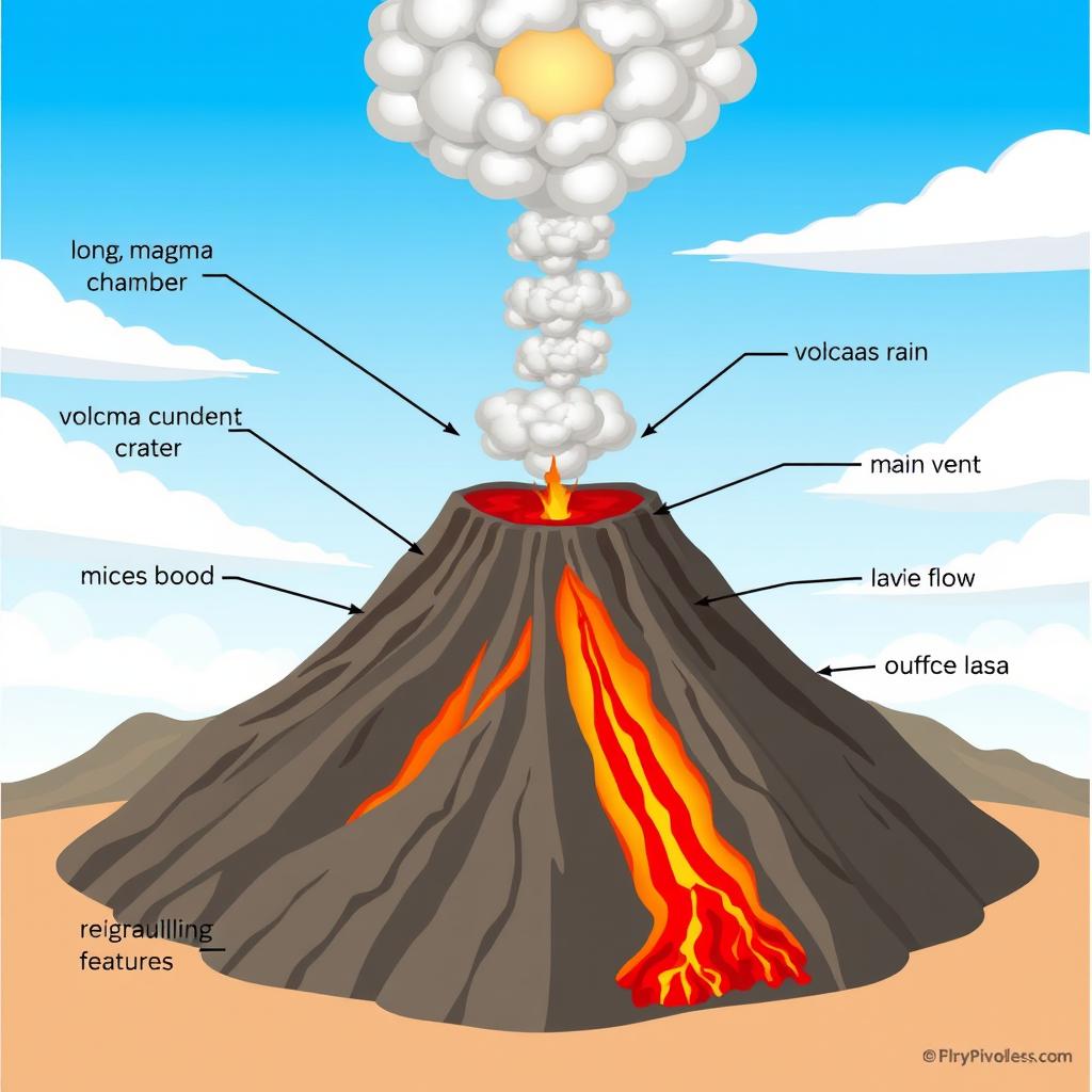 An animated diagram showcasing the components of a volcano, clearly labeling elements such as the magma chamber, volcanic conduit, crater, main vent, lava flow, ash cloud, and surrounding geological features