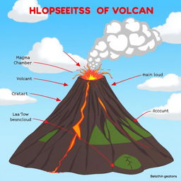 An animated diagram showcasing the components of a volcano, clearly labeling elements such as the magma chamber, volcanic conduit, crater, main vent, lava flow, ash cloud, and surrounding geological features