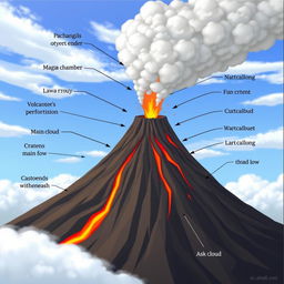 An animated diagram showcasing the components of a volcano, clearly labeling elements such as the magma chamber, volcanic conduit, crater, main vent, lava flow, ash cloud, and surrounding geological features