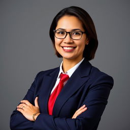 A professional, formal portrait of a confident businessperson