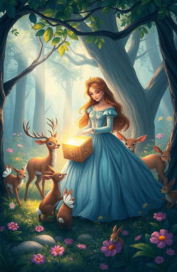 A whimsical scene depicting a princess in an enchanted forest, discovering a mysterious magic box glowing softly with ethereal light