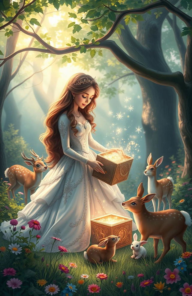 A whimsical scene depicting a princess in an enchanted forest, discovering a mysterious magic box glowing softly with ethereal light