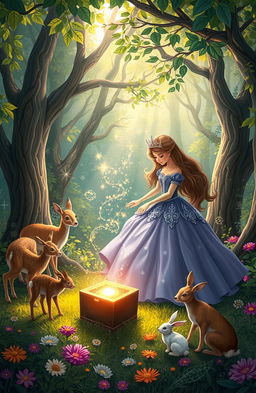 A whimsical scene depicting a princess in an enchanted forest, discovering a mysterious magic box glowing softly with ethereal light