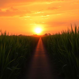 A long, straight, narrow road flanked by lush green rice plants on both sides