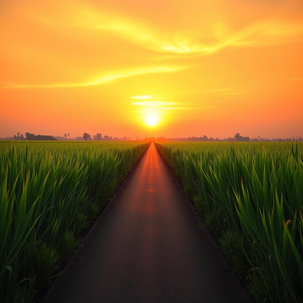 A long, straight, narrow road flanked by lush green rice plants on both sides