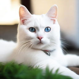 A high-quality photograph featuring a white domestic cat