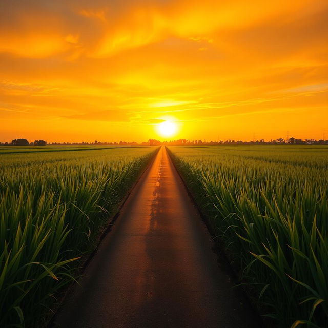 A long, straight, narrow road flanked by lush green rice plants on both sides