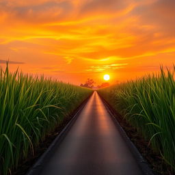 A long, straight, narrow road flanked by lush green rice plants on both sides