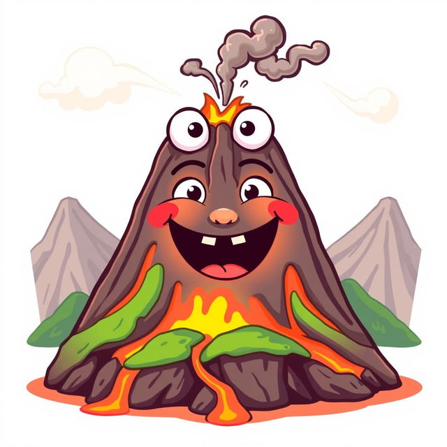 A whimsical design of a volcano personified with a face, featuring large, expressive eyes and a wide, smiling mouth