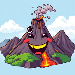 A whimsical design of a volcano personified with a face, featuring large, expressive eyes and a wide, smiling mouth