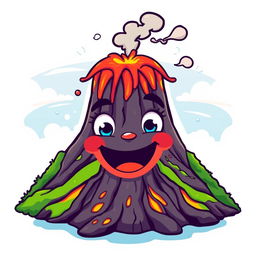 A whimsical design of a volcano personified with a face, featuring large, expressive eyes and a wide, smiling mouth
