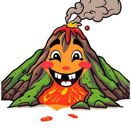 A whimsical design of a volcano personified with a face, featuring large, expressive eyes and a wide, smiling mouth