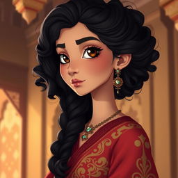 A tall Arab girl with a slender face and a long nose, showcasing her long, oily, curly black hair