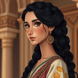 A tall Arab girl with a slender face and a long nose, showcasing her long, oily, curly black hair