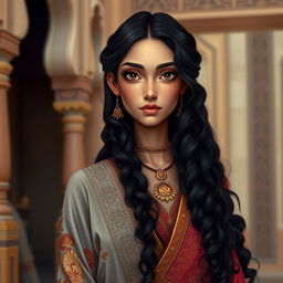 A tall Arab girl with a slender face and a long nose, showcasing her long, oily, curly black hair