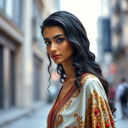 A tall, slender Arab woman with a thin face and long nose